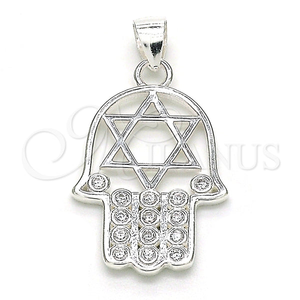 Sterling Silver Religious Pendant, Hand of God and Star of David Design, with White Cubic Zirconia, Polished, Raw, 05.398.0021