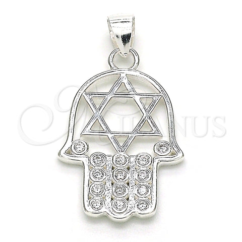 Sterling Silver Religious Pendant, Hand of God and Star of David Design, with White Cubic Zirconia, Polished, Raw, 05.398.0021