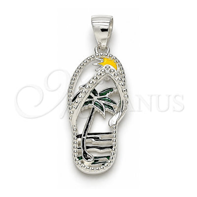 Sterling Silver Fancy Pendant, Shoes and Palm Tree Design, Multicolor Enamel Finish, Raw, 05.398.0024