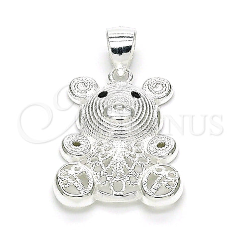 Sterling Silver Fancy Pendant, Teddy Bear Design, with Black Micro Pave, Polished, Raw, 05.398.0025