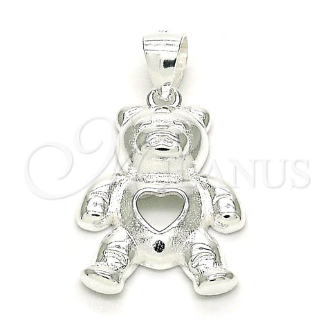Sterling Silver Fancy Pendant, Teddy Bear and Heart Design, Polished, Raw, 05.398.0027