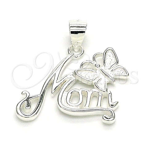 Sterling Silver Fancy Pendant, Mom and Butterfly Design, Polished, Raw, 05.398.0034