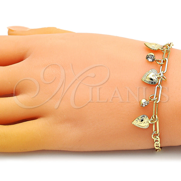 Gold Filled Bracelet — Charm Bracelet Heart and Paperclip Design with White — alternate product view — SKU 149069 | Oro Laminado brazalete — Charm Bracelet corazón and Paperclip diseño with blanco — SKU 149069