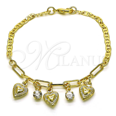 Oro Laminado Charm Bracelet, Gold Filled Style Heart and Paperclip Design, with White Crystal, Polished, Golden Finish, 03.63.2230.08 (03 MM Thickness, 8 Inches Length)