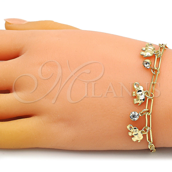 Gold Filled Bracelet — Charm Bracelet Elephant and Paperclip Design with White — alternate product view — SKU 149071 | Oro Laminado brazalete — Charm Bracelet Elephant and Paperclip diseño with blanco — SKU 149071