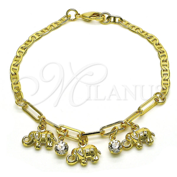 Gold Filled Bracelet — Charm Bracelet Elephant and Paperclip Design with White — main product view — SKU 149071 | Oro Laminado brazalete — Charm Bracelet Elephant and Paperclip diseño with blanco — SKU 149071