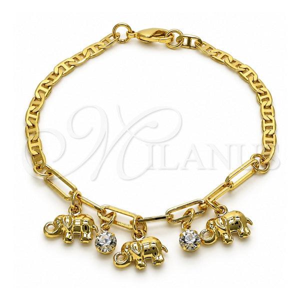 Oro Laminado Charm Bracelet, Gold Filled Style Elephant and Paperclip Design, with White Crystal, Polished, Golden Finish, 03.63.2232.08 (03 MM Thickness, 8 Inches Length)