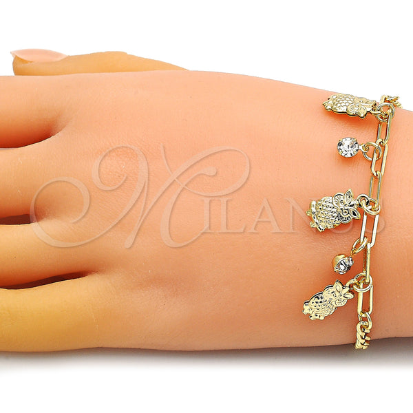 Gold Filled Bracelet — Charm Bracelet Owl and Paperclip Design with White — alternate product view — SKU 149074 | Oro Laminado brazalete — Charm Bracelet Owl and Paperclip diseño with blanco — SKU 149074