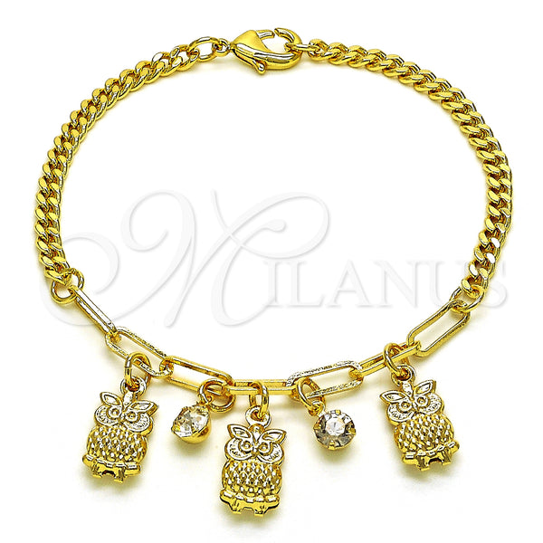 Gold Filled Bracelet — Charm Bracelet Owl and Paperclip Design with White — main product view — SKU 149074 | Oro Laminado brazalete — Charm Bracelet Owl and Paperclip diseño with blanco — SKU 149074