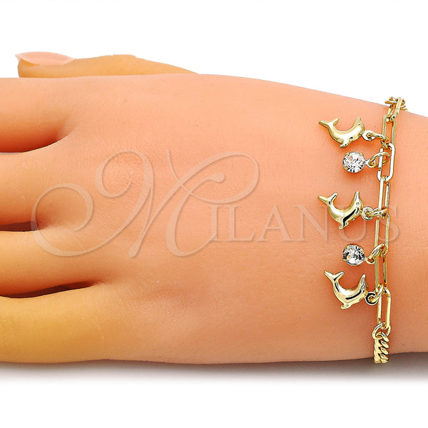 Gold Filled Bracelet — Charm Bracelet Dolphin and Paperclip Design with White — alternate product view — SKU 149075 | Oro Laminado brazalete — Charm Bracelet Dolphin and Paperclip diseño with blanco — SKU 149075