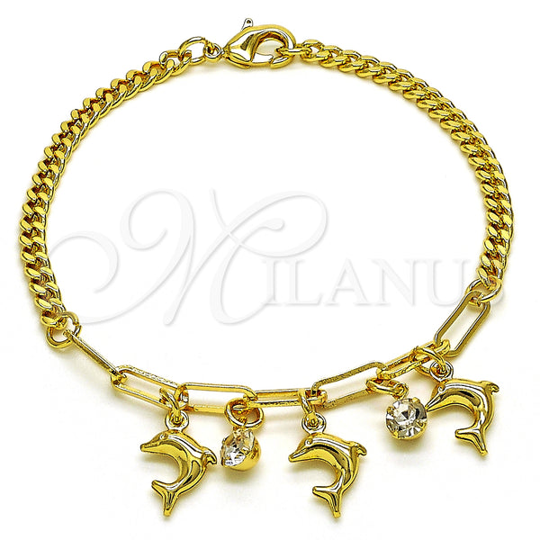 Gold Filled Bracelet — Charm Bracelet Dolphin and Paperclip Design with White — main product view — SKU 149075 | Oro Laminado brazalete — Charm Bracelet Dolphin and Paperclip diseño with blanco — SKU 149075