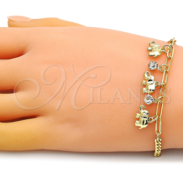 Gold Filled Bracelet — Charm Bracelet Elephant and Paperclip Design with White — alternate product view — SKU 149077 | Oro Laminado brazalete — Charm Bracelet Elephant and Paperclip diseño with blanco — SKU 149077