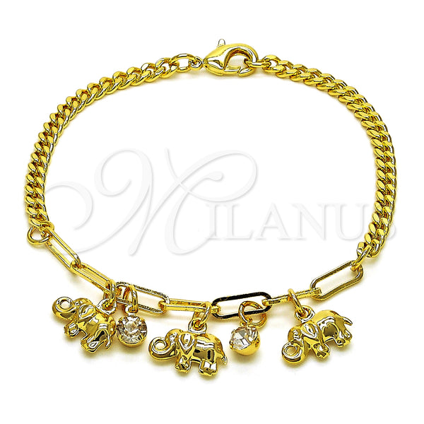 Gold Filled Bracelet — Charm Bracelet Elephant and Paperclip Design with White — main product view — SKU 149077 | Oro Laminado brazalete — Charm Bracelet Elephant and Paperclip diseño with blanco — SKU 149077