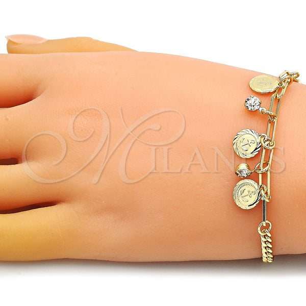 Gold Filled Bracelet — Charm Bracelet Anchor and Paperclip Design with White — alternate product view — SKU 149078 | Oro Laminado brazalete — Charm Bracelet Anchor and Paperclip diseño with blanco — SKU 149078