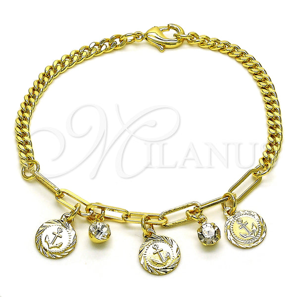 Gold Filled Bracelet — Charm Bracelet Anchor and Paperclip Design with White — main product view — SKU 149078 | Oro Laminado brazalete — Charm Bracelet Anchor and Paperclip diseño with blanco — SKU 149078