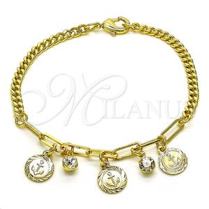 Gold Filled Bracelet — Charm Bracelet Anchor and Paperclip Design with White — main product view — SKU 149078 | Oro Laminado brazalete — Charm Bracelet Anchor and Paperclip diseño with blanco — SKU 149078