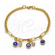 Oro Laminado Charm Bracelet, Gold Filled Style Evil Eye and Paperclip Design, with White Crystal, Blue Resin Finish, Golden Finish, 03.63.2240.08 (04 MM Thickness, 8 Inches Length)