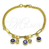 Oro Laminado Charm Bracelet, Gold Filled Style Evil Eye and Paperclip Design, with White Crystal, Blue Resin Finish, Golden Finish, 03.63.2240.08 (04 MM Thickness, 8 Inches Length)