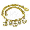 Oro Laminado Charm Bracelet, Gold Filled Style Four-leaf Clover and Paperclip Design, with White Crystal, Polished, Golden Finish, 03.63.2242.07 (04 MM Thickness, 7 Inches Length)