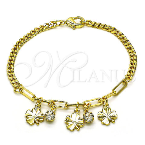 Oro Laminado Charm Bracelet, Gold Filled Style Four-leaf Clover and Paperclip Design, with White Crystal, Polished, Golden Finish, 03.63.2242.07 (04 MM Thickness, 7 Inches Length)