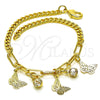Oro Laminado Charm Bracelet, Gold Filled Style Butterfly and Paperclip Design, with White Crystal, Polished, Golden Finish, 03.63.2243.07 (04 MM Thickness, 7 Inches Length)