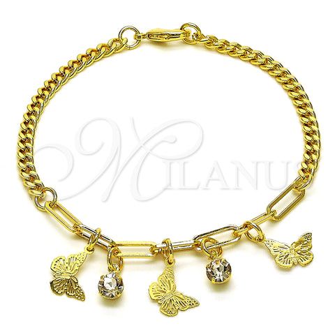 Oro Laminado Charm Bracelet, Gold Filled Style Butterfly and Paperclip Design, with White Crystal, Polished, Golden Finish, 03.63.2243.07 (04 MM Thickness, 7 Inches Length)
