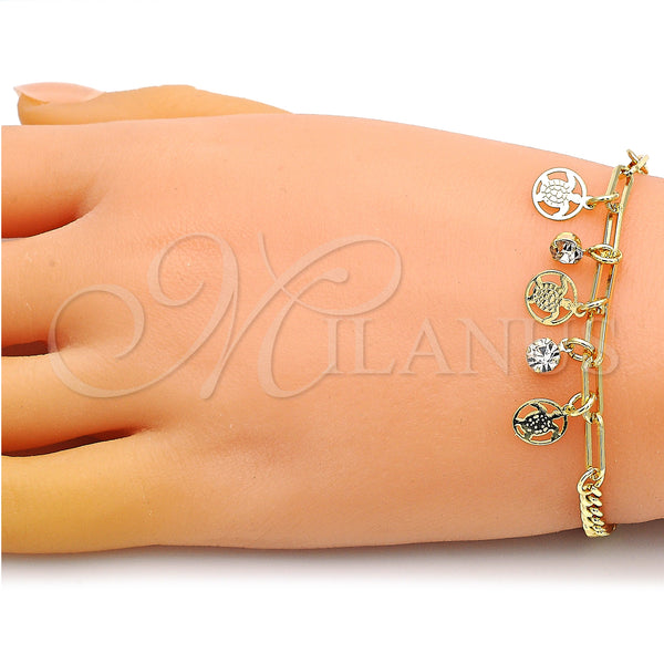 Gold Filled Bracelet — Charm Bracelet Turtle and Paperclip Design with White — alternate product view — SKU 149083 | Oro Laminado brazalete — Charm Bracelet Turtle and Paperclip diseño with blanco — SKU 149083