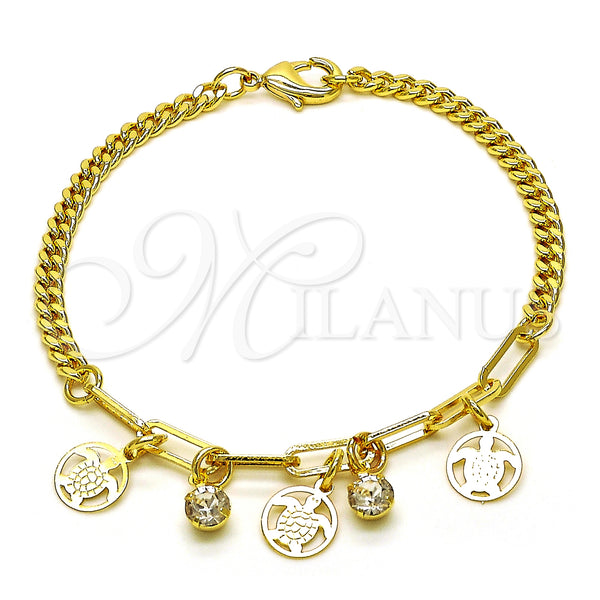 Gold Filled Bracelet — Charm Bracelet Turtle and Paperclip Design with White — main product view — SKU 149083 | Oro Laminado brazalete — Charm Bracelet Turtle and Paperclip diseño with blanco — SKU 149083