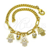 Oro Laminado Charm Bracelet, Gold Filled Style Hand of God and Paperclip Design, with White Crystal, Polished, Golden Finish, 03.63.2246.08 (04 MM Thickness, 8 Inches Length)
