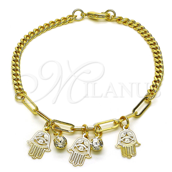 Oro Laminado Charm Bracelet, Gold Filled Style Hand of God and Paperclip Design, with White Crystal, Polished, Golden Finish, 03.63.2246.08 (04 MM Thickness, 8 Inches Length)