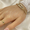 Oro Laminado Fancy Bracelet, Gold Filled Style Lock and Heart Design, with White Micro Pave, Polished, Golden Finish, 03.283.0220.08 (05 MM Thickness, 8 Inches Length)