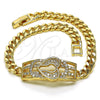Oro Laminado Fancy Bracelet, Gold Filled Style Lock and Heart Design, with White Micro Pave, Polished, Golden Finish, 03.283.0220.08 (05 MM Thickness, 8 Inches Length)