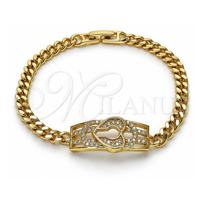 Oro Laminado Fancy Bracelet, Gold Filled Style Lock and Heart Design, with White Micro Pave, Polished, Golden Finish, 03.283.0220.08 (05 MM Thickness, 8 Inches Length)