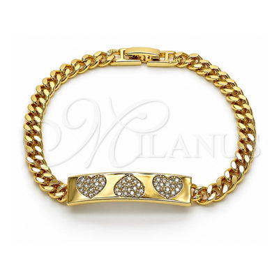 Oro Laminado Fancy Bracelet, Gold Filled Style Heart Design, with White Micro Pave, Polished, Golden Finish, 03.283.0221.08 (05 MM Thickness, 8 Inches Length)