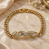 Oro Laminado Fancy Bracelet, Gold Filled Style Baguette Design, with White Micro Pave, Polished, Golden Finish, 03.283.0226.07 (05 MM Thickness, 7 Inches Length)