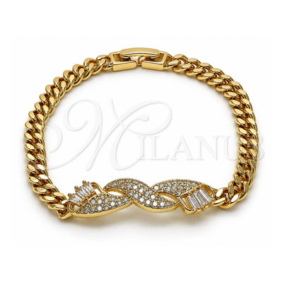 Oro Laminado Fancy Bracelet, Gold Filled Style Baguette Design, with White Micro Pave, Polished, Golden Finish, 03.283.0226.07 (05 MM Thickness, 7 Inches Length)