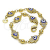 Oro Laminado Fancy Bracelet, Gold Filled Style Hand of God and Heart Design, Blue Enamel Finish, Golden Finish, 03.213.0146.08 (09 MM Thickness, 8 Inches Length)