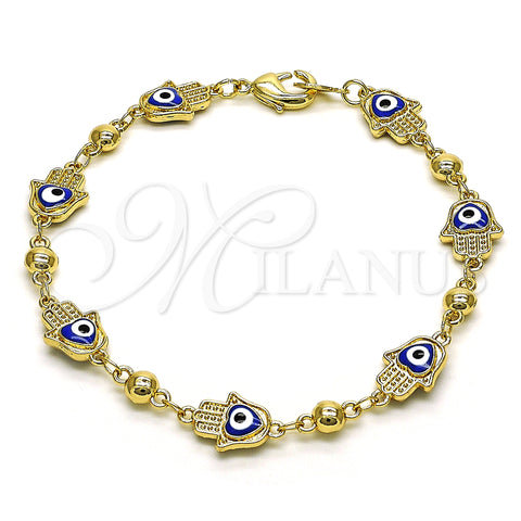 Oro Laminado Fancy Bracelet, Gold Filled Style Hand of God and Heart Design, Blue Enamel Finish, Golden Finish, 03.213.0146.08 (09 MM Thickness, 8 Inches Length)