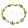 Oro Laminado Fancy Bracelet, Gold Filled Style Hand of God and Heart Design, Blue Enamel Finish, Golden Finish, 03.213.0146.08 (09 MM Thickness, 8 Inches Length)