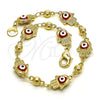 Oro Laminado Fancy Bracelet, Gold Filled Style Hand of God and Heart Design, Red Enamel Finish, Golden Finish, 03.213.0146.1.08 (09 MM Thickness, 8 Inches Length)