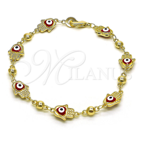 Oro Laminado Fancy Bracelet, Gold Filled Style Hand of God and Heart Design, Red Enamel Finish, Golden Finish, 03.213.0146.1.08 (09 MM Thickness, 8 Inches Length)