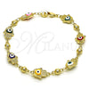 Oro Laminado Fancy Bracelet, Gold Filled Style Hand of God and Heart Design, Multicolor Enamel Finish, Golden Finish, 03.213.0146.2.08 (09 MM Thickness, 8 Inches Length)