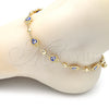 Oro Laminado Fancy Anklet, Gold Filled Style Hand of God and Heart Design, Blue Enamel Finish, Golden Finish, 03.213.0146.10 (09 MM Thickness, 10 Inches Length)
