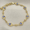 Oro Laminado Fancy Anklet, Gold Filled Style Hand of God and Heart Design, Blue Enamel Finish, Golden Finish, 03.213.0146.10 (09 MM Thickness, 10 Inches Length)