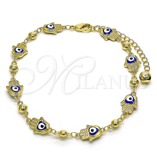Oro Laminado Fancy Anklet, Gold Filled Style Hand of God and Heart Design, Blue Enamel Finish, Golden Finish, 03.213.0146.10 (09 MM Thickness, 10 Inches Length)