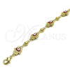Oro Laminado Fancy Anklet, Gold Filled Style Hand of God and Heart Design, Red Enamel Finish, Golden Finish, 03.213.0146.1.10