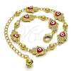 Oro Laminado Fancy Anklet, Gold Filled Style Hand of God and Heart Design, Red Enamel Finish, Golden Finish, 03.213.0146.1.10