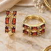 Oro Laminado Huggie Hoop, Gold Filled Style Baguette Design, with Garnet Cubic Zirconia, Polished, Golden Finish, 02.210.0730.1.15