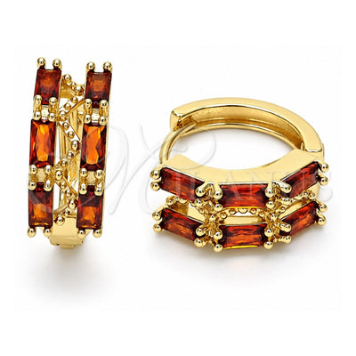 Oro Laminado Huggie Hoop, Gold Filled Style Baguette Design, with Garnet Cubic Zirconia, Polished, Golden Finish, 02.210.0730.1.15