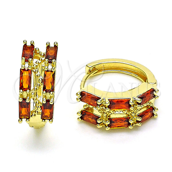 Gold Filled Hoop Earrings — Huggie Hoop Baguette Design with Garnet Cubic Zirconia — main product view — SKU 149131 | Oro Laminado aretes de aro — Huggie Hoop Baguette diseño with Garnet Cubic Zirconia — SKU 149131
